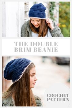 the double brim beanie crochet pattern is shown in two different colors