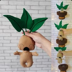 a person holding up a stuffed animal with green leaves on it's head, and another hand holding a plush toy that has been made to look like a plant