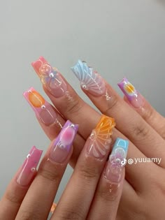 Funky Mismatched Nails, Coral Acrylics, Mismatched Nail Art, Trip Nails, Nessa Nails, College Nails, Colorful Nail, Coral Bay, Summery Nails