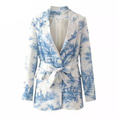 Covered and still Sexy! This jacket comes with an attached belt inner lining for comfort and warmth Clots belt included Button front True to Size take your normal size Spring Blazer, Blazer And Skirt, Porcelain Blue, Border Print, 24 Years Old, Print Jacket, White Porcelain, Skirt Length, Single Breasted