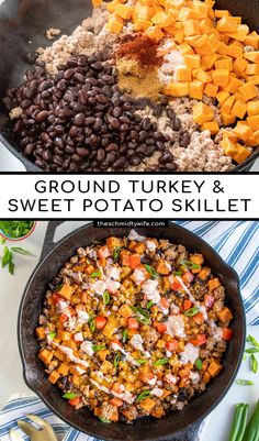 ground turkey and sweet potato skillet is shown in two different pans with the same topping