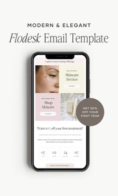 the modern and elegant florist email template is displayed on an iphone screen with text overlay