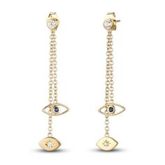 A symbol of protection, each of these pretty dangle earrings features an evil eye design embellished by a twinkling round blue lab-created sapphire. A round white lab-created sapphire sits within a sunburst design and a bezel set white lab-created sapphire at the top of each earring for extra sparkle. Styled in gleaming 10K yellow gold, the earrings secure with friction backs. Pretty Dangle Earrings, Pretty Earrings Dangle, Evil Eye Design, White Lab, Evil Eye Earrings, Kay Jewelers, Eye Earrings, Eye Design, Sapphire Stone