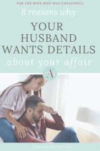 a man and woman sitting on top of a couch with the caption, 3 reason why your husband wants details about your affair