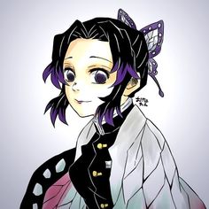 a drawing of a woman with purple hair and butterfly wings on her head, wearing a black jacket