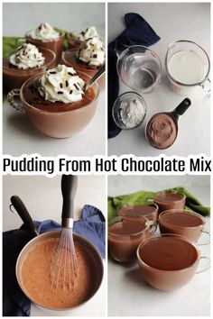 pudding from hot chocolate mix in bowls and whisks