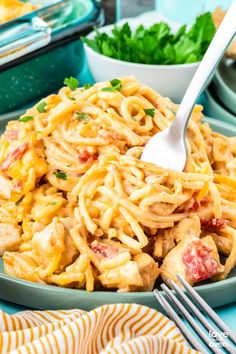 a plate full of pasta with chicken and parmesan cheese on it, next to a bowl of salad