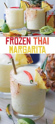 the frozen thai margarita is garnished with pineapple, lime and red chili