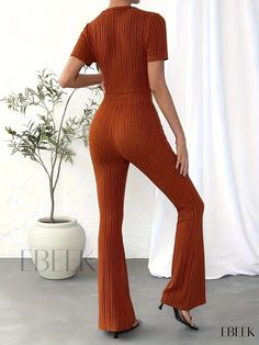 Ebeek - Chic Ribbed Knit Two-Piece Set - Short Sleeve Crop T-shirt & Bootcut Pants Ensemble - Womens Fashion Apparel Brown Stretch Casual Sets, Casual Brown Stretch Sets, Fitted Ribbed Solid Color Sets, Stretch Short Sleeve Jumpsuits And Rompers For Loungewear, Stretch Short Sleeve Jumpsuits For Loungewear, Brown Stretch Loungewear Sets, Spring Stretch Pant Set With Short Sleeves, Brown Stretch Sets For Loungewear, Stretch Short Sleeve Pant Set For Spring