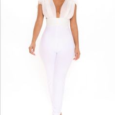 Size Large Fashionnova Chic High Waist Bodysuit For Spring, Chic White V-neck Bodysuit, Chic Fitted High Waist Jumpsuits And Rompers, Spring Date Night High-waist Bodysuit, Elegant White High-waist Bodysuit, Elegant White High Waist Bodysuit, White High-waist Bodysuit For Night Out, White High Waist Bodysuit For Night Out, Chic White Bodysuit For Date Night