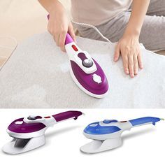 a woman ironing fabric with an electric steam iron on the top and below it