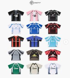 many different colored shirts are shown in this image