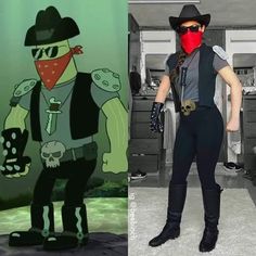 two pictures one with a man wearing a bandana and the other with a cowboy costume