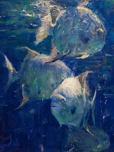 three fish swimming in the water near each other on a blue surface with green and white paint