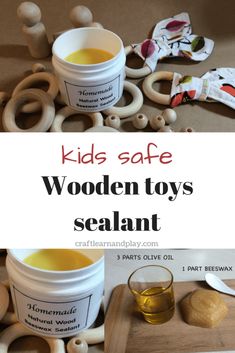 wooden toys with text overlay that reads kids safe wooden toys sealant 3 parts give oil