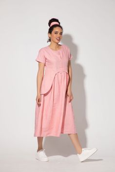 Linen Midi Dress YOLANI Pink Linen Dress Romantic Linen - Etsy Feminine Linen Midi Dress For Daywear, Feminine Linen Midi Dress, Feminine Knee-length Linen Dresses, Linen Knee-length Midi Sundress, Pink Relaxed Fit Linen Dress For Summer, Light Pink Linen Dress, Pink Linen Daywear Dress, Luxury Pink Linen Dress, Feminine Midi-length Linen Dress