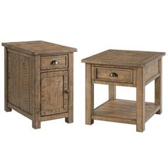 two side tables with one drawer and the other open