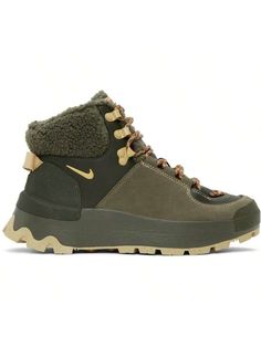 Nike 
Khaki Classic City Boots 
Ankle-high waterproof buffed leather and faux-leather boots in tones of khaki. 
. Rubber cap toe 
. Lace-up closure 
. Logo patch at padded tongue 
. Fleece trim at padded collar 
. Swoosh bonded at sides 
. Pull-loop at heel counter 
. Foam rubber midsole 
. Treaded rubber sole 
Please note that this item may be shipped only within North America. 
Supplier color: Cargo khaki/Sesame 
Upper: synthetic, leather. Sole: rubber. 
Made in Viet Nam. 
241011F127008 
Khaki City Boots, Boys Winter Boots, Women Snow Boots, Women Ankle Boots, Cargo Khaki, Faux Leather Boots, Classic Boots, Boots Ankle, Outdoor Shoes