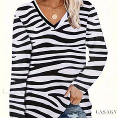 Lasaky - Womens Plus Size Zebra Print Top: A Fashionable Street Style Statement Piece with Long Sleeves, V-Neckline, and Slight Stretch for Ultimate Comfort. Plus Size Street Style, Zebra Print Top, Winter Collars, Stretch Top, Style Statement, Print Top, Zebra Print, Plus Size Tops, Print Tops