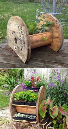 two pictures of the same planter made out of old wooden wheels and some plants in them