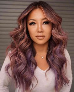 Rose Gold Highlights Black Women, Rose Gold Purple Hair, Purple And Copper Hair, Rose Gold Hair Brunette, Natural Crown, Rose Gold Balayage, Rose Gold Highlights, Peekaboo Highlights, Boring Hair