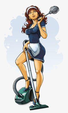 a woman with a vacuum cleaner in her hand and holding a hose to the side