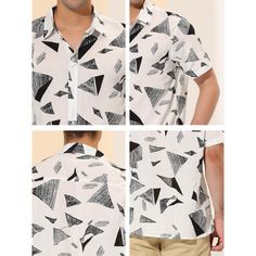 Different from the other shirts in simple design, this geometric pattern shirt adds an eye-catching point to your summer look. Classic color in contrast design, a suitable choice to pair with jeans for a casual look or shorts for a beach vacation. This shirt is also great for summer vacations, it looks stylish and makes you attractive in Hawaiian style. Suitable for casual, holiday leisure, travel, beach parties, and daily wear. Contrast Design, Men Casual Summer, Party Models, Beach Parties, Summer Vacations, Pattern Shirt, Button Down Shirt Mens, Travel Beach, Hawaiian Style