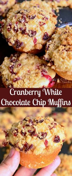 cranberry white chocolate chip muffins are stacked on top of each other