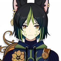 an anime character with black hair and green eyes, wearing a blue outfit that has ears on