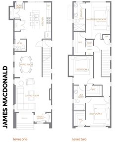 two story house plans with living room and kitchen in the middle, one bedroom on each floor