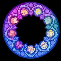 a circular stained glass window with many different items in the center and on it's sides