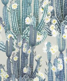 an image of a cactus and daisies pattern