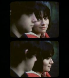 two pictures of a young man and woman looking at each other, one is staring into the distance