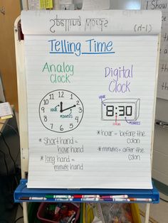 a white board with writing on it that says telling time analog clock and digital clock