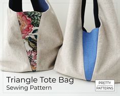 two bags with different designs on them and the title triangle tote bag sewing pattern