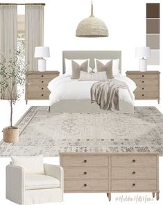 a bedroom is shown with neutrals and whites on the bed, nightstands, lamps, rug