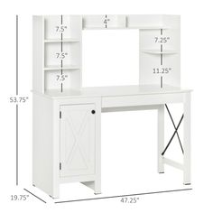 a white desk with shelves on each side and measurements for the top shelf above it