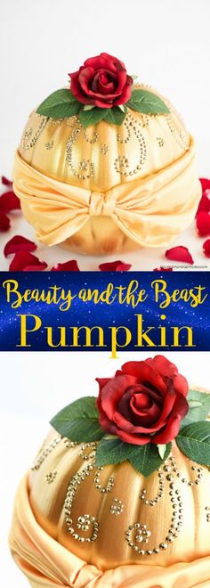 there is a cake decorated like a pumpkin with roses on it and the words beauty and the beast written in gold