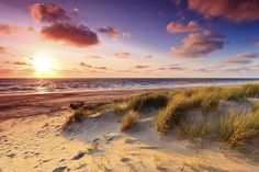 the sun is setting over the beach and grass