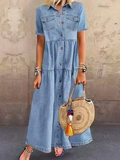 Women's Denim Shirt Dress Maxi Long Dress Dark Blue Light Blue Short Sleeve Solid Color Pocket Button Spring Summer MS2311500141S Light Blue / S Denim Shirt Dress Women, Graduation Outfits, Light Blue Shorts, Dress With Short Sleeves, Maxi Shirts, Mini Dress Formal, Denim Maxi, Dark And Light, Maxi Shirt Dress