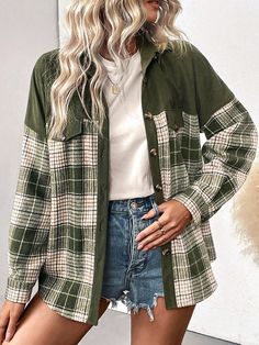 Fashionable Long Sleeve Shirt With Faux Pocket And Plaid Patchwork Design Army Green Casual  Long Sleeve Woven Fabric Plaid Shirt Non-Stretch  Women Clothing, size features are:Bust: ,Length: ,Sleeve Length: Flannel Shirts For Women, Oversized Long Sleeve Shirt, Flannel Shirts, Long Sleeve Flannel, Shirts For Women, Patchwork Designs, Women's Casual, Long Sleeve Casual, Flannel Shirt