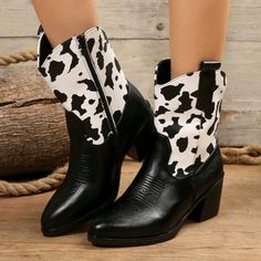 Black & White Western Style Cow Print Casual Boots Side Zipper Mid Heel 2.6 Inch Ankle Boots Upper Material: Pu Leather Lining Material: Canvas Insole Material: Canvas Outsole Material: Tpr Womens Black Ankle Boots, Chic Heels, Shoes Boots Ankle, Black Boots Tall, Platform Heels Chunky, White Shoes Women, Boots Women Fashion, Womens Ankle Boots, Womens Boots Ankle