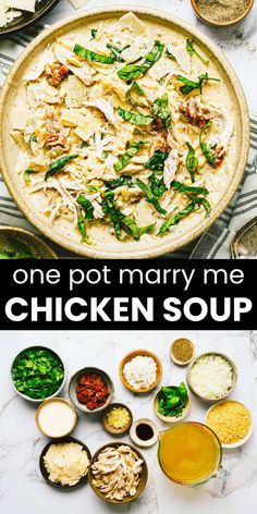 one pot mary me chicken soup in a pie pan with ingredients around it and on the side