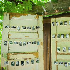 an old door with pictures hanging on it