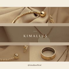 gold jewelry with the words kimallus on it and an image of a ring