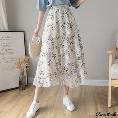 Olivia Mark - Long Irregular Cake Skirt with Chrysanthemum and Floral Print in Chiffon Material Chiffon Midi Skirt, Long Chiffon Skirt, Cake Dress, Cake Skirt, Plaid Pleated Skirt, Aline Skirt, Dress Cake, Printed Midi Skirt, Daisy Pattern