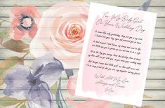 a card with flowers on it is next to a piece of paper that says, the old baby's first wedding day