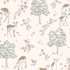 a deer and her fawns in the woods on a pink background with flowers