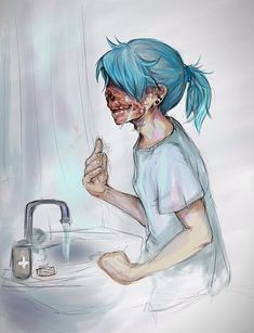 a drawing of a woman sitting in front of a sink with blue hair holding a toothbrush