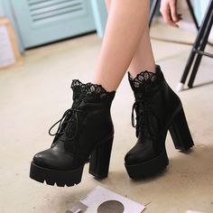 Goth Platform Boots, Block High Heels, Gothic Lace, Fall Winter Shoes, Basic Boots, Women Platform Shoes, Black Platform Heels, Winter Ankle Boots